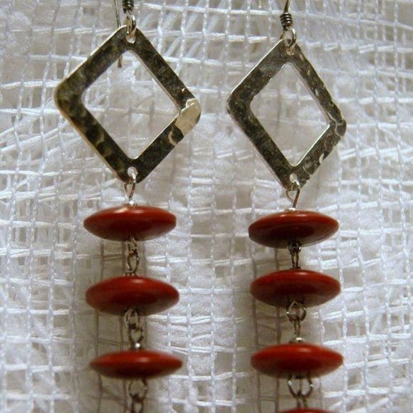 Handmade Hammered Sterling Silver & Burgundy Red Tagua Nut Disc Kite Earrings - Picture 5 of 5